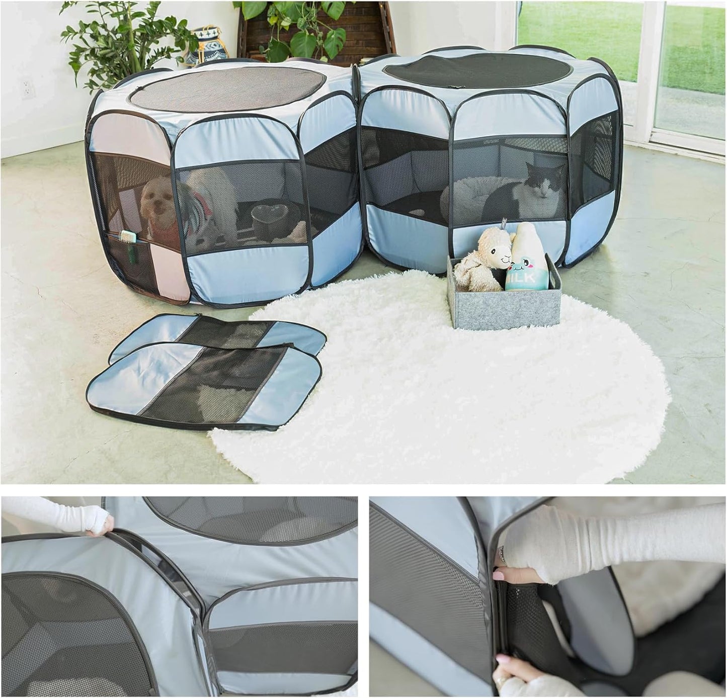 2-in-1 Cat Playpens, Detachable into 2 Separate Playpens with Additional 2 Doors, Portable Dog Playpen Cat Tent Enclosure for Kitten and Puppy Indoor Outdoor Use(M)