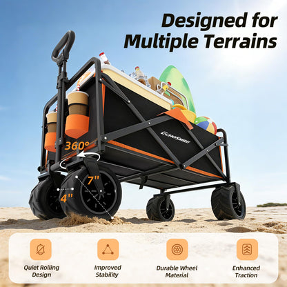 EchoSmile Heavy Duty 350 Lbs Capacity Collapsible Wagon, Outdoor Folding Camping Grocery Portable Utility Cart, Adjustable Rolling Carts, All Terrain Beach Wagon with Big Wheels (Black&Orange-Arrow)