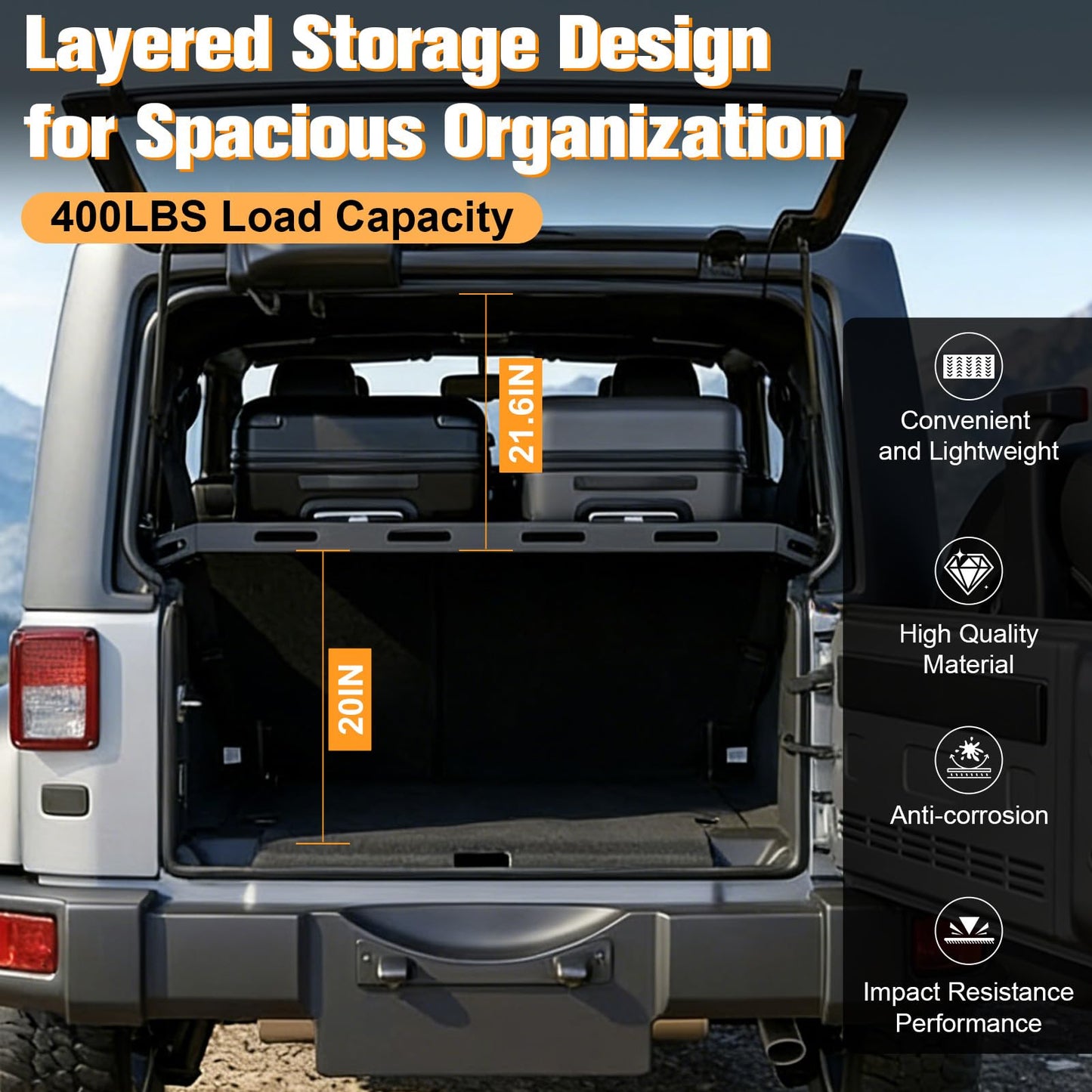 W&JWN Rear Trunk Cargo Rack Basket Tray Compatible with Jeep Wrangler JK JKU JL JLU 4-Door Hardtops 2007-2026 Sturdy Steel Interior Luggage Rack Shelf for Camping Trip Gear（400LBS）