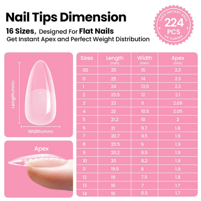 Beetles Tipex Instant Apex Nail Tips Kit, Coffin Long 224Pcs 16 Sizes Pre-Building & Pre-Etched Thicker Acrylic Nails False Nail Extension with Tipex Nail Glue Mini Nail Lamp