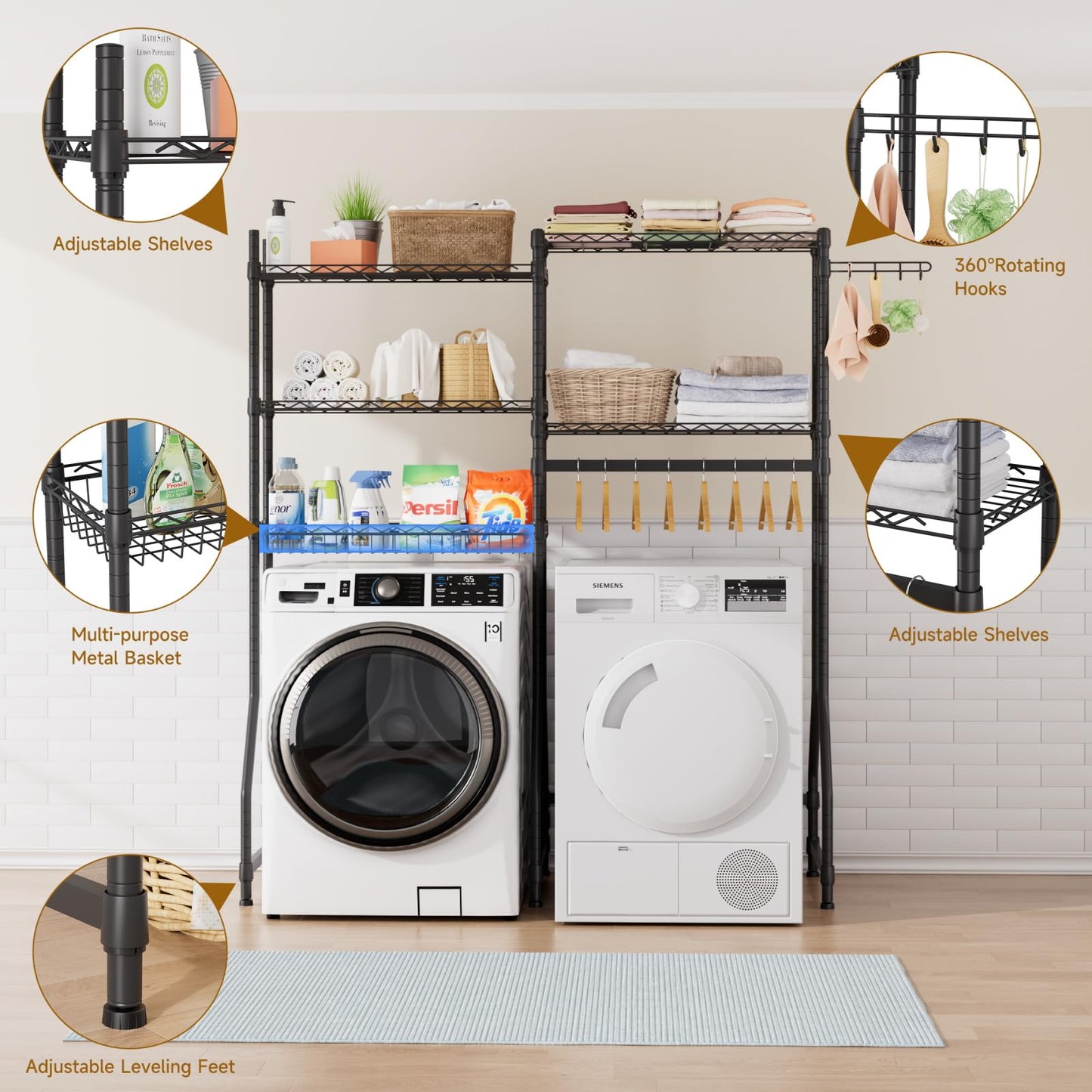 Golpart Over Washer and Dryer Shelves,Heavy Duty Laundry Room Storage Organization Clothes Drying Rack,5 Tier Adjustable Height Wire Shelving and Wire Basket with Hanger Rod&Hook,Space Saving Shelf