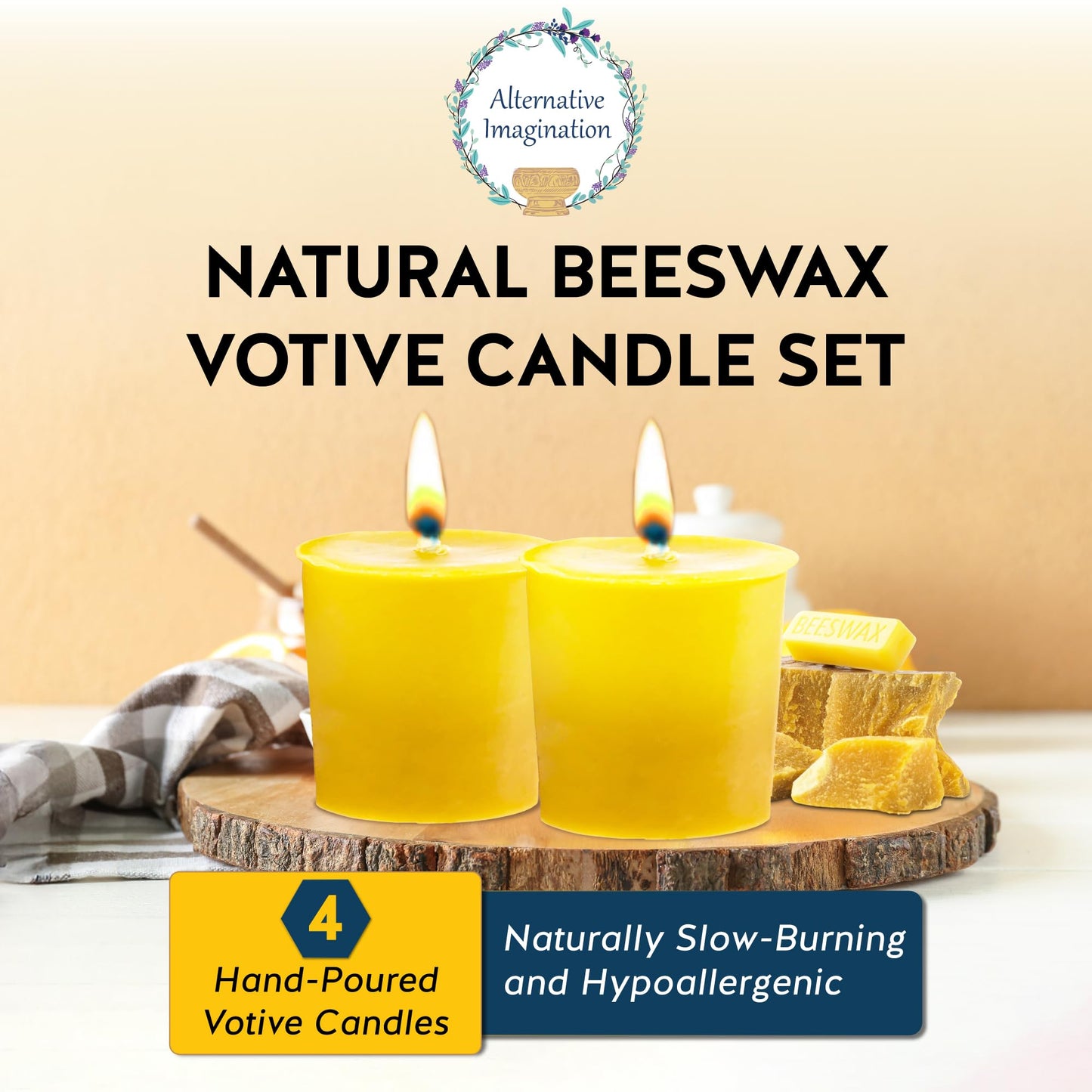 Alternative Imagination 100% Pure Natural Beeswax Votive Candles - 4 Pack - Hand-Poured - Unscented- Light Honey Aroma - 15 Hour Burn - Paraffin-Free, Long Lasting for Prayer, Meditation & Home Decor