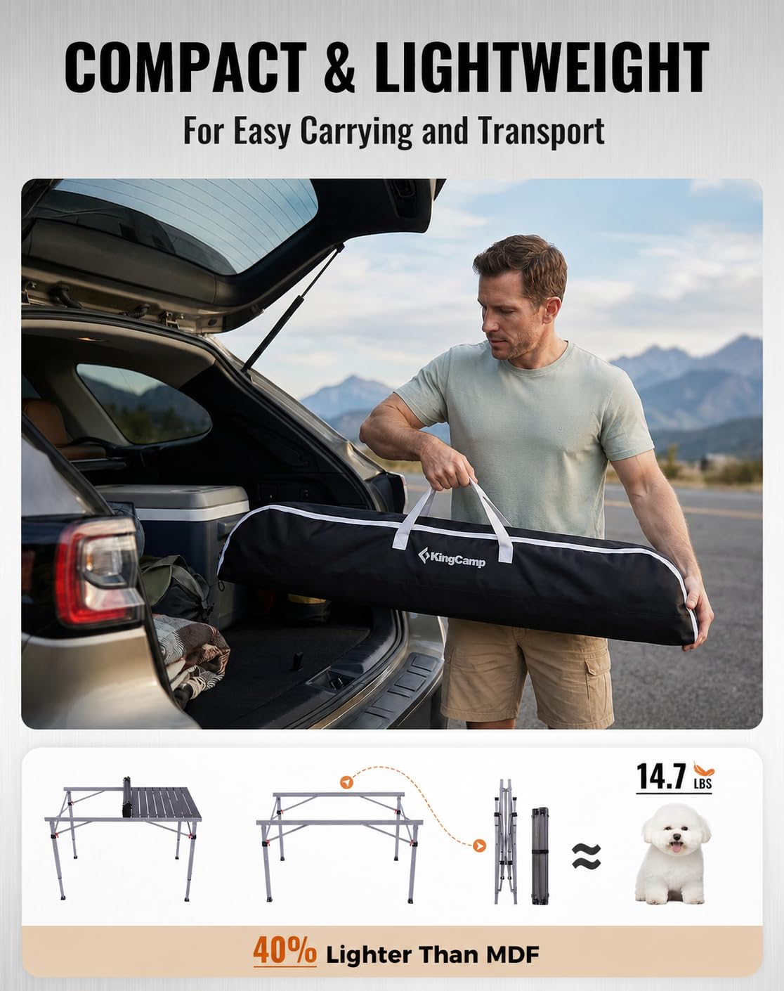 KingCamp Folding Camping Table Foldable Loads 265 Lbs, 42.1"× 27.6" Portable Table 3 Adjustable Height Aluminum Roll Up Camp Table with Carry Bag for Camping Picnic BBQ Backyard, Indoor & Outdoor