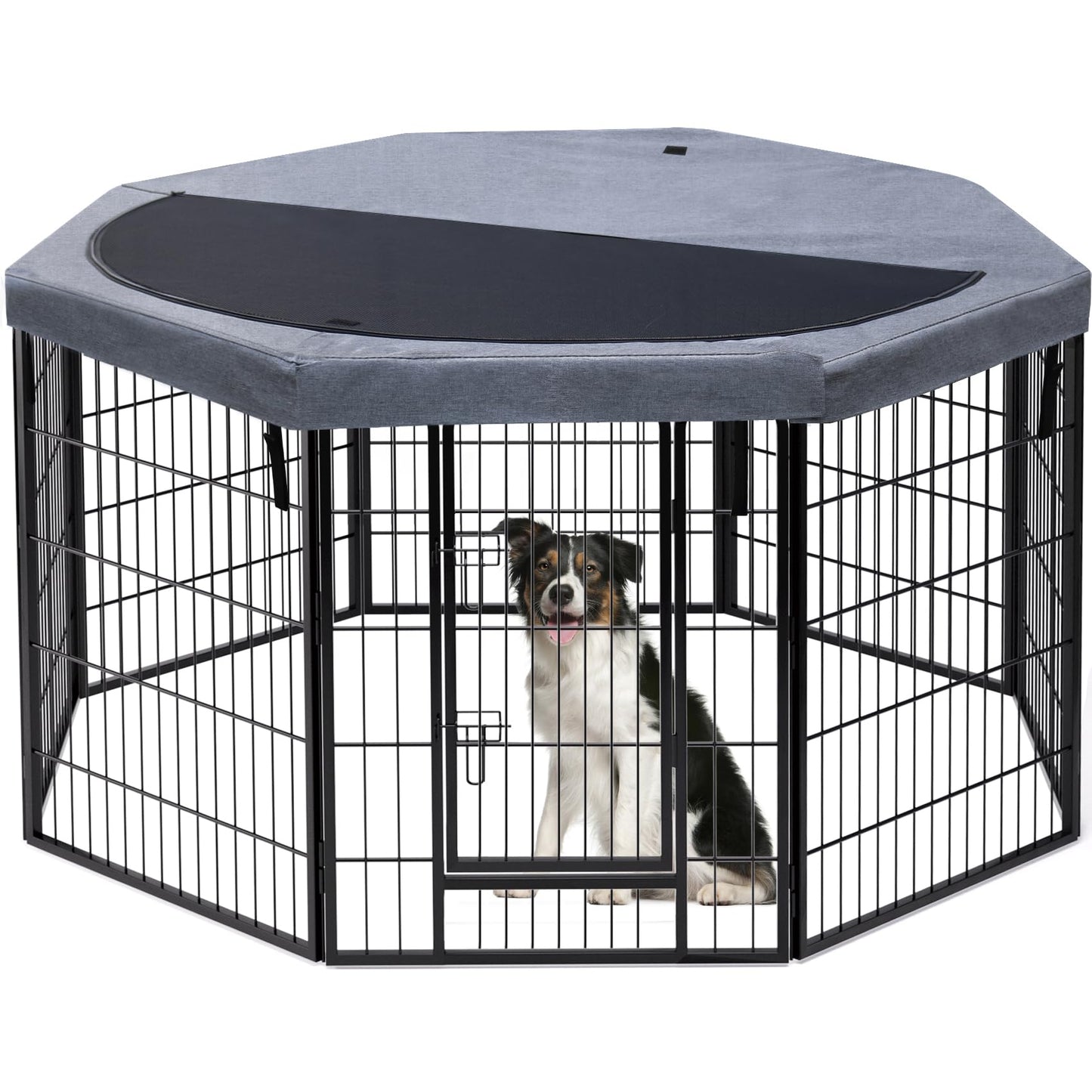 PETIME Dog Playpen,Metal Exercise Puppy Pen Heavy Duty Kennels Yard Fence Indoor/Outdoor 27" W x 32" H 8 Panels Dog Cage with Octagon Top Cover