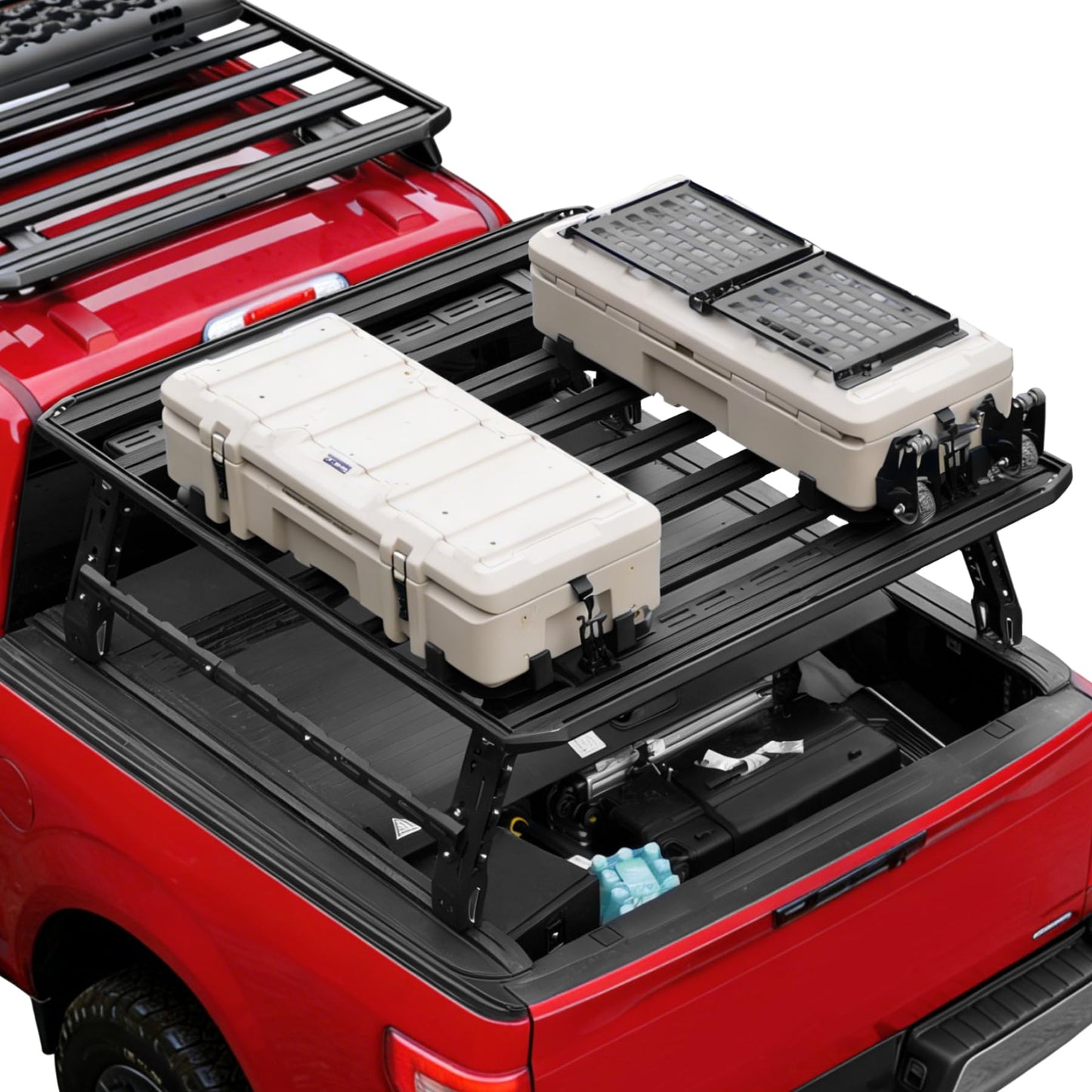 Trumgeta Overland Bed Rack Fit for Full-Size Pickups, Adjustable Truck Ladder Rack for T-Slot Tonneau Covers, 18.8"-25" Height Bed Rack with Side Cross Bars, Fit for F150/Ram 1500/Silverado/Sierra