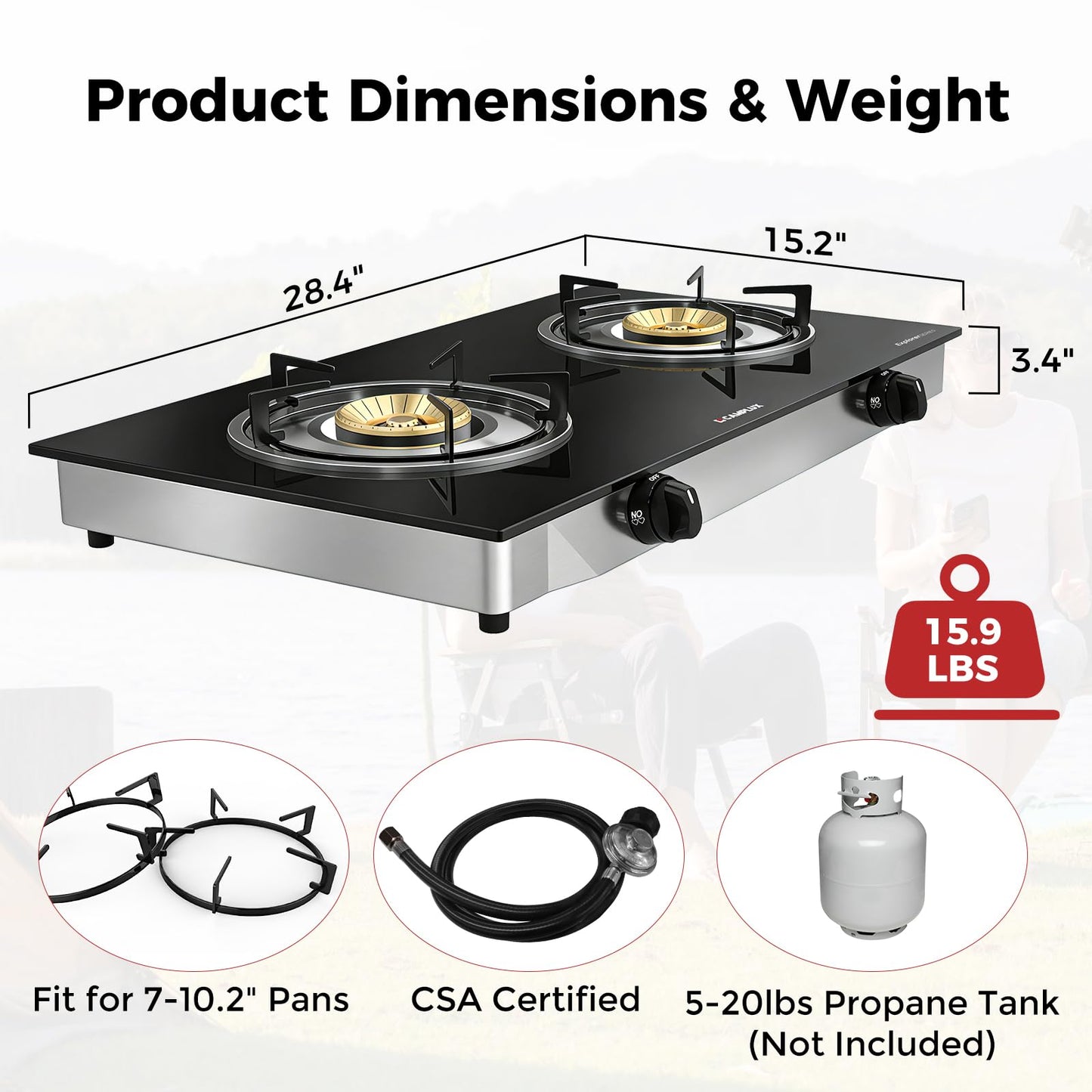 CAMPLUX 2 Burner Propane Stove, LPG Tempered Glass Auto Ignition Double Burner Portable Gas Stove Top, 19,000 BTU Propane Cooktop for Camping, CSA Regulator & Hose Included, estufa de gas portatil