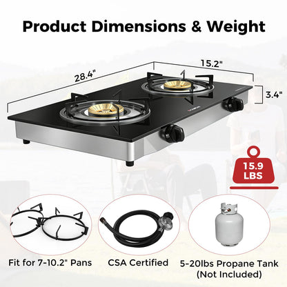 CAMPLUX 2 Burner Propane Stove, LPG Tempered Glass Auto Ignition Double Burner Portable Gas Stove Top, 19,000 BTU Propane Cooktop for Camping, CSA Regulator & Hose Included, estufa de gas portatil