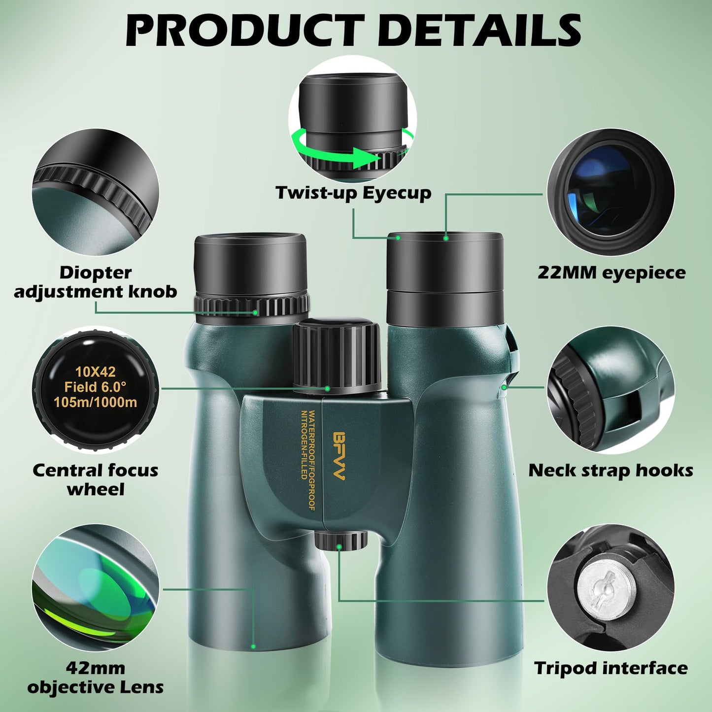 BFVV 10x42 Binoculars for Adults High Powered, IP67 Waterproof Fogproof Compact Binoculars with Low Light Vision for Bird Watching Hunting Hiking Travel Camping Cruise Sports Stargazing Gift for Men