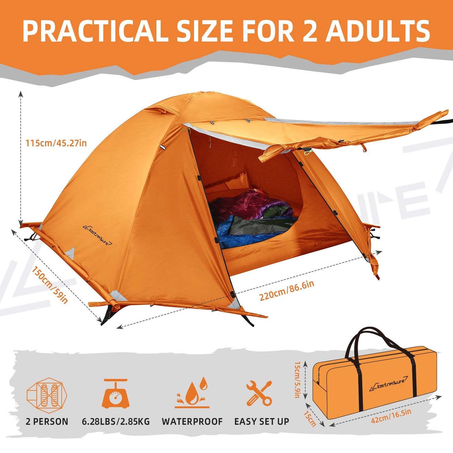 Clostnature Lightweight Backpacking Tent - 2 Person 4 Season Ultralight Waterproof Camping Tent, Large Size Easy Setup Tent for Winter, Cold Weather, Family, Outdoor, Hiking and Mountaineering