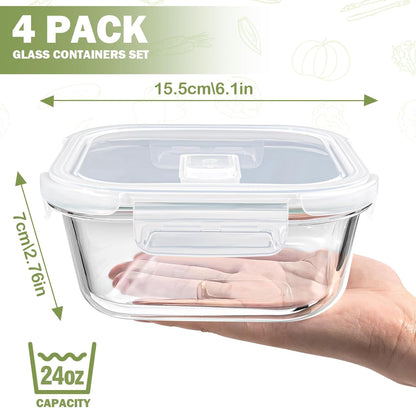 Square Glass Containers - 24oz Borosilicate Food Storage Set | Freezer Safe Meal Prep, 4 Pack