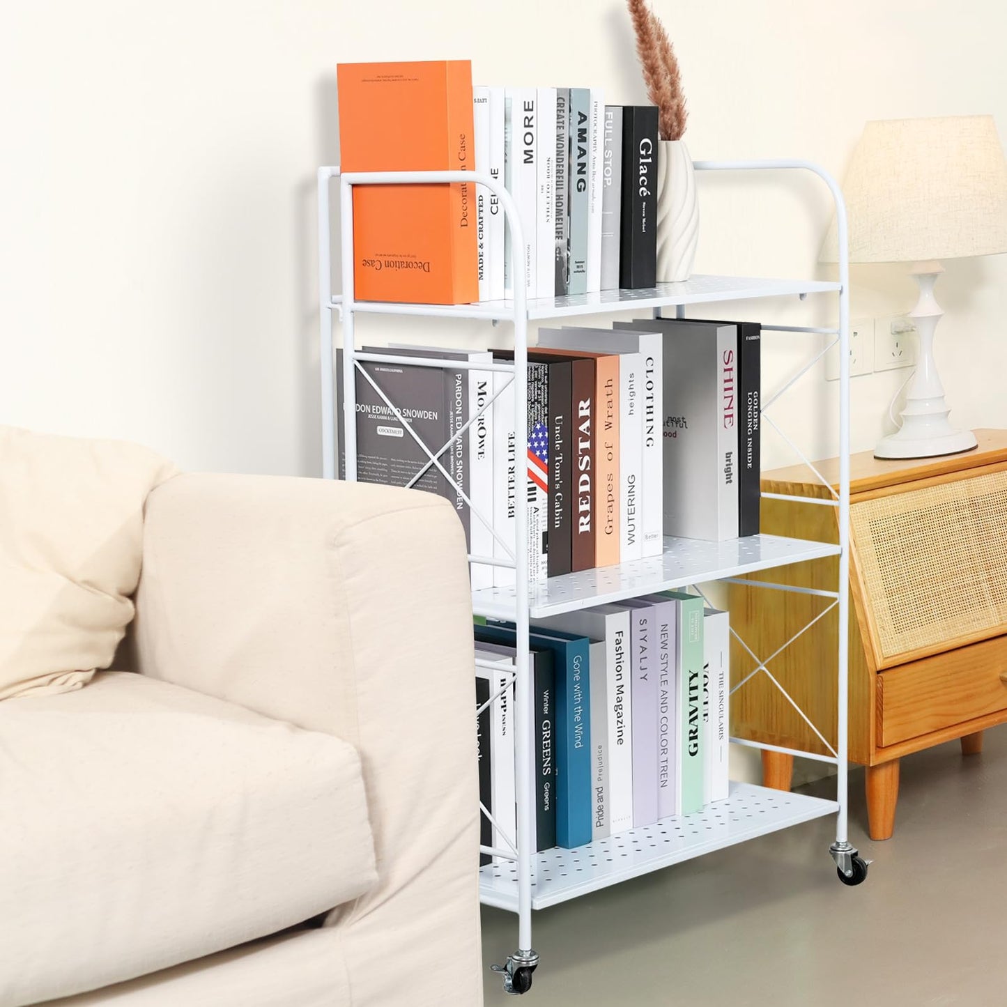 villertech Foldable 5-Tier Metal Shelf with Wheels - Folding Bookshelf Unit for Living Room, Kitchen, Study 12.6" D x 23.6" W x 57.0" H, Glossy White
