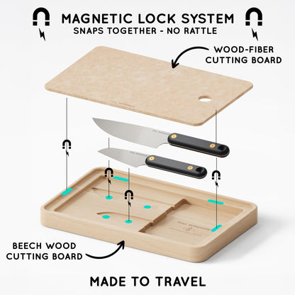 FULL WINDSOR - MagKnives Magnetic Camping Cutting Board and Knife Set - Portable Camping Kitchen Prep Kit with 2 Wood Cutting Boards, 6" Chef Knife, 3.5" Utility Knife, Carry Bag for Outdoor Cooking