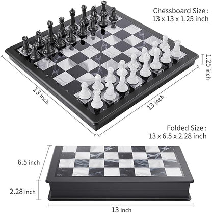 2-in-1 Chess Set and Magnetic Checkers Set - Foldable 13-inch Travel Board Game Durable Plastic Puzzle and Strategy Toys for Kids and Adults