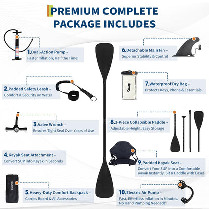 Inflatable Stand Up Paddle Board with Accessories 10'6", Fun-Ready Paddle Boards for Adults with Paddle, Fast Electric Pump, Hand Pump, Seat, CameraMount, Waterproof Phone Case, Fins, Leash, Carry Bag
