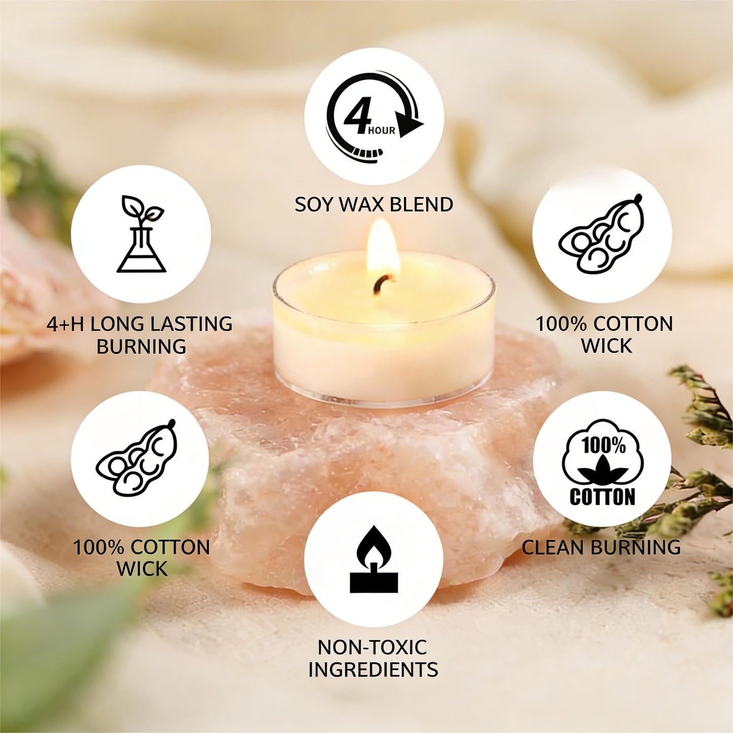 Soy Wax Tealight Candles 50Packs, 4 Hour Long Burning, Unscented White Smokeless Candles, Non-Toxic Paraffin-Free Clear Acrylic Cup Tea Lights for Weddings, Home, Emergencies & Dinner
