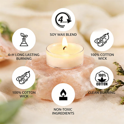 Soy Wax Tealight Candles 50Packs, 4 Hour Long Burning, Unscented White Smokeless Candles, Non-Toxic Paraffin-Free Clear Acrylic Cup Tea Lights for Weddings, Home, Emergencies & Dinner