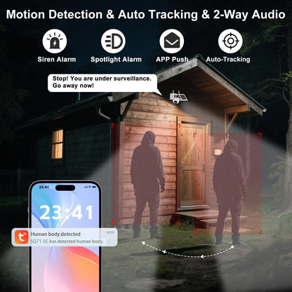 CUUKSHKN Dual Lens 4G LTE Cellular Security Camera Wireless Outdoor,365 Day Free Unlimited Data,No WiFi Solar Powered,360°Auto Tracking,2K Color Night Vision,PTZ Motion Dtetection,Tuya Smart Camera