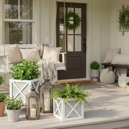 Autumn Alley Farmhouse Front Porch Planters Set of 2 Stand with Galvanized Corrugated Metal Planter for Outdoors/Indoors - Rustic Wood Square Planters Box on Legs – Charming Farmhouse Décor, White