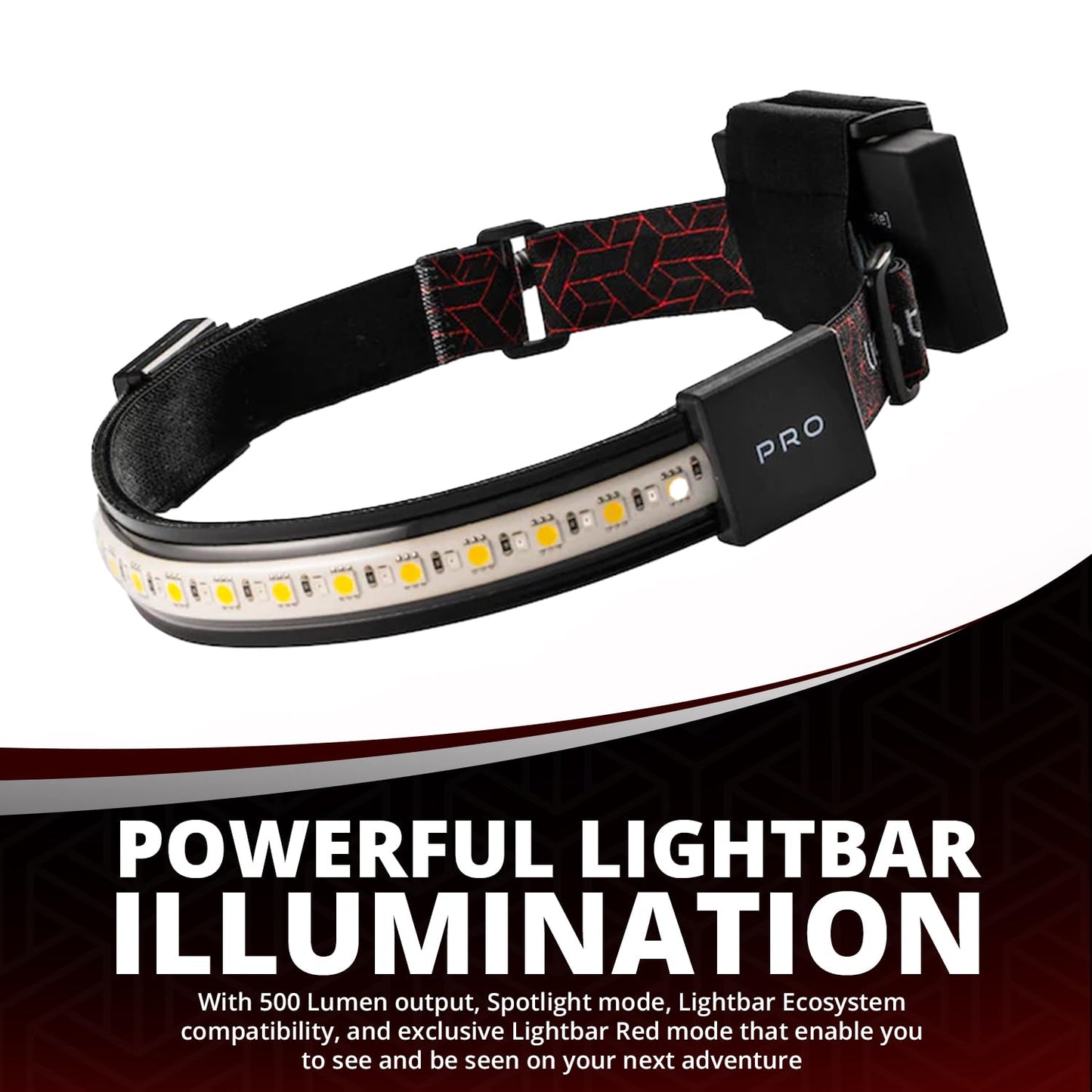 LIGHTBAR Pro | LED Headlamp, 500 Lumens, Waterproof Rated, Rechargeable Battery, Red Light Mode, Camping Running Biking Fishing Construction