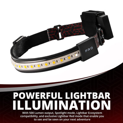 LIGHTBAR Pro | LED Headlamp, 500 Lumens, Waterproof Rated, Rechargeable Battery, Red Light Mode, Camping Running Biking Fishing Construction