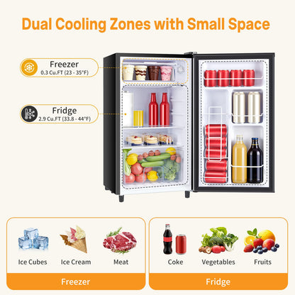 NEWBULIG Mini Fridge with Freezer 3.2 Cu.Ft Small Refrigerator for Office, Dorm, Small Fridge with Adjustable Thermostat, Energy Saving, Singel Door, Black