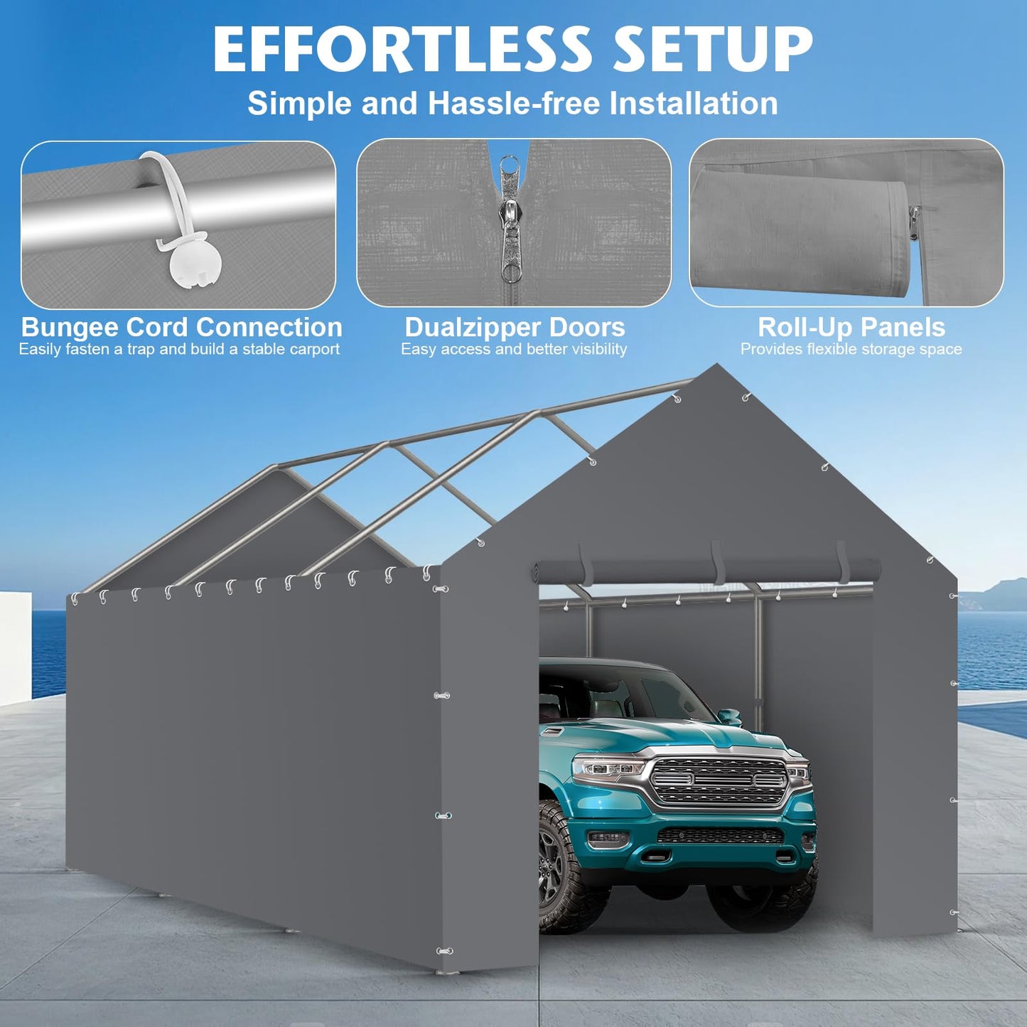 Carport Canopy Tent Sidewalls for 10x20x8.6FT Car Garage with Ball Bungees, Heavy Duty Portable Shelter Logic Replacement Covers (Frame is not Included) (Grey)