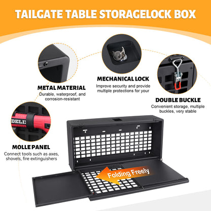 Tailgate Table Storage Lock Box Compatible with Jeep Wrangler JK JKU JL JLU 4 Door, Aluminum Foldable Rear Cargo Shelf MOLLE Panel Camping Desk Organizer