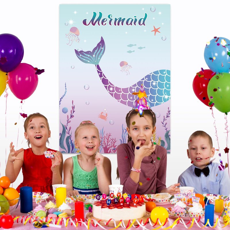 Pin The Tail on The Mermaid Party Game with 24 PCS Tails for Kids Girls Birthday 21'' x 28'' (Mermaid)