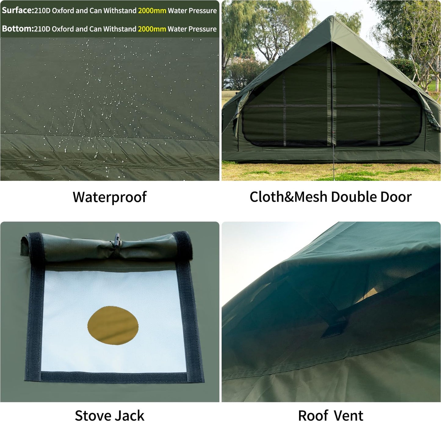 WaldZimmer Inflatable Camping Tent with Hand Pump Waterproof Outdoor Blow up Tent Oxford 4 Season Air Tent Cabin House with Mesh Windows & Door 12sq/6sq Green (9.74ft*6.46ft*6.56ft (3-4 Person))