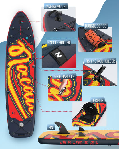 NACATIN 12' Extra Large Inflatable Stand Up Paddle Board with Seat, Wide 36" SUP Board for Adults & Family, with Single/Double Paddle, Kayak Seat, Pump, Stable Wide Deck for Beginners, Lake and River