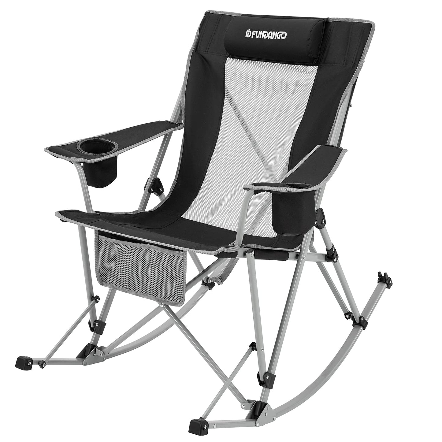 FUNDANGO Rocking Camping Chair, High Mesh Back Portable Folding Camp Chairs with Pillows, Cup Holder and Carry Bag for Lawn Patio Garden Outdoor Supports 300 Lbs (Black/Grey)