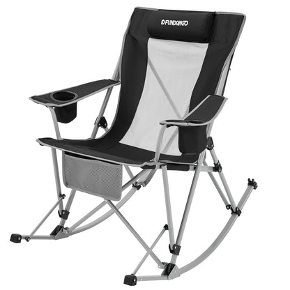 FUNDANGO Rocking Camping Chair, High Mesh Back Portable Folding Camp Chairs with Pillows, Cup Holder and Carry Bag for Lawn Patio Garden Outdoor Supports 300 Lbs (Black/Grey)