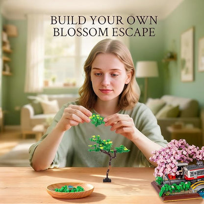 Wise Block Cherry Blossom Train Diorama Building Set – Japanese Artificial Bonsai Tree Building Toy Building Block Set for Home Office Botanical Decor Birthday Gifts for Adults 3150 Pcs