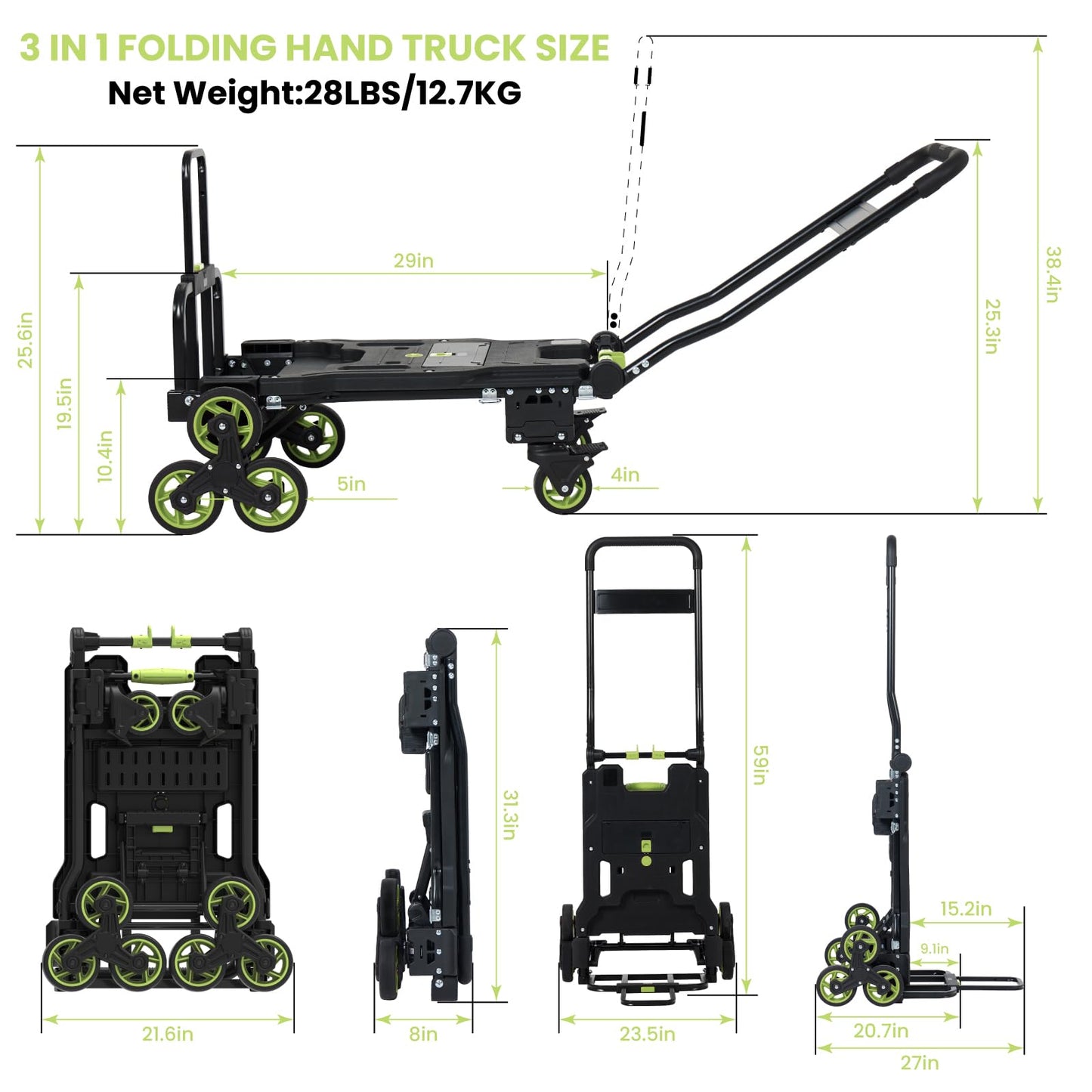 Upgraded 3 in 1 Convertible Folding Hand Truck with Brakes, Hand Truck Dolly Heavy Duty 660lbs Capacity, Stair Climbing Cart with Adjustable Shovel Board and Fixed Handle for Moving