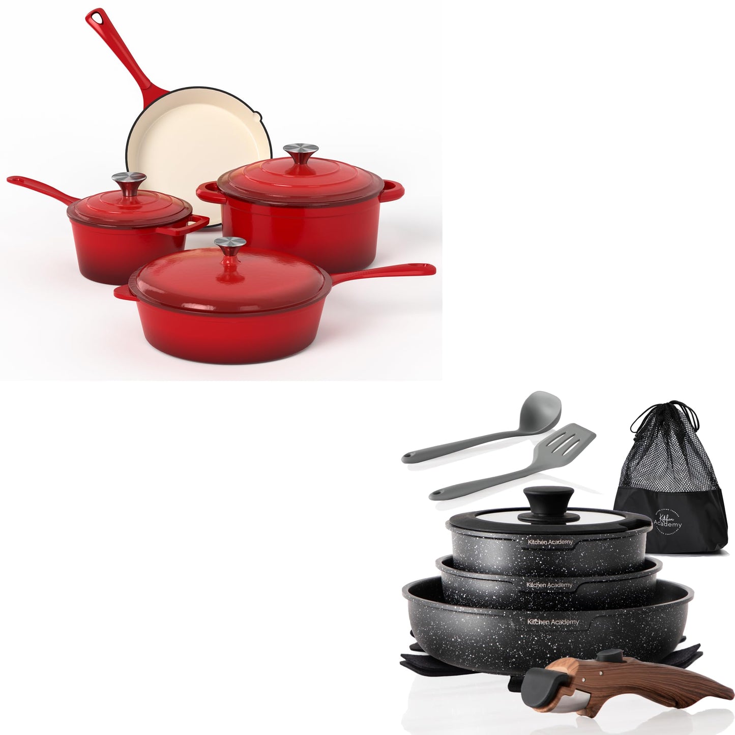 Enamel Cast Iron Cookware Set 7 Pieces & 10 Pieces RV/Camping Cookware Sets