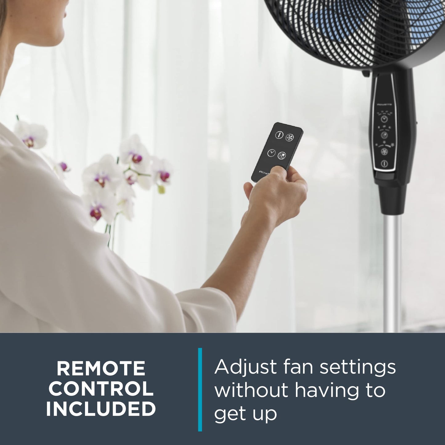Rowenta, Pedestal Fan, Extreme Outdoor Fan with Remote, 65 Inches, Ultra Quiet Fan, Oscillating, Portable, 3 Speeds, Digital Control, Black, Ourdoor, VU4510
