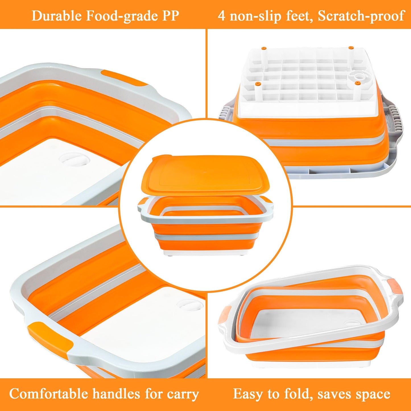 Verdvoca 2Pcs XXL & 1x 16L Collapsible BBQ Prep Tubs/Cutting Board with Lids for Fruit Prep & Washing, Meal Marinating and Food Storage (30L Orange +30L Black+16L Black)