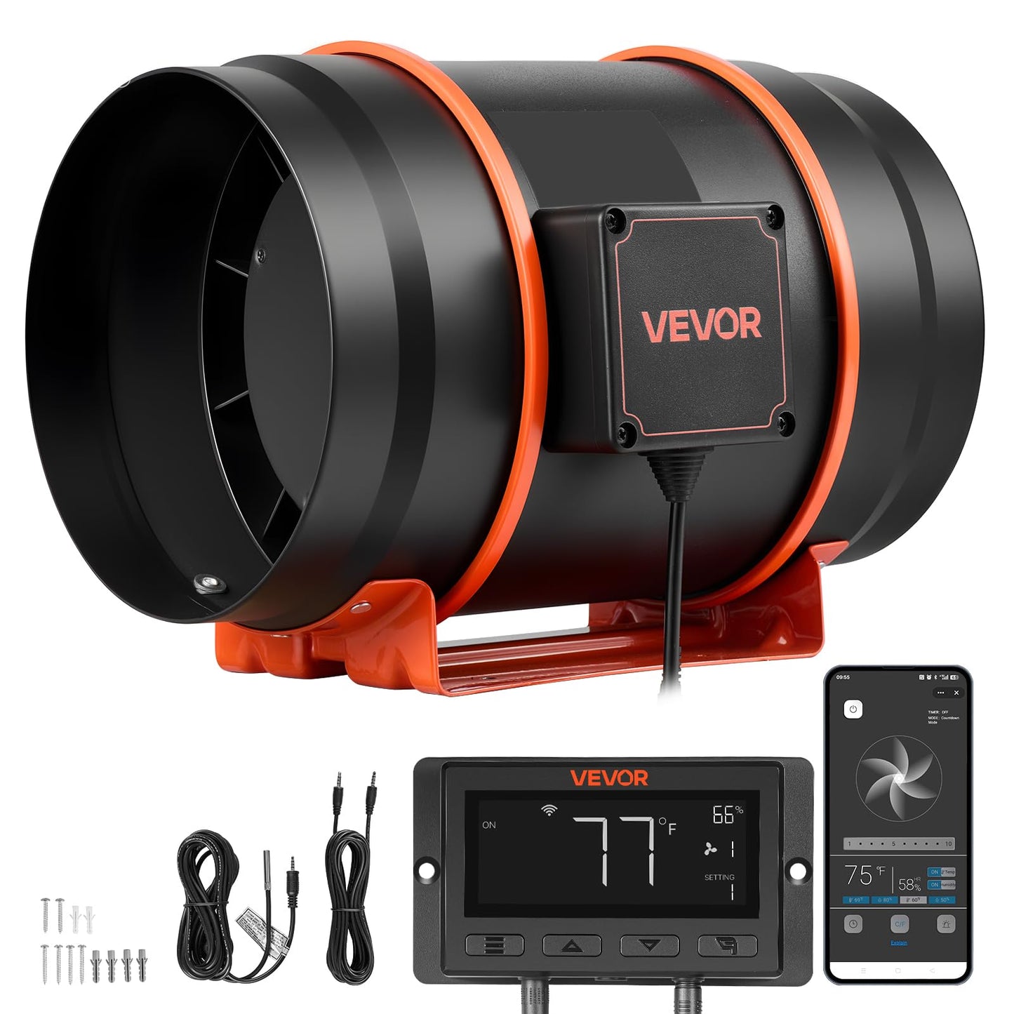 VEVOR Inline Duct Fan, 807 CFM 8 inch EC Motor Exhaust Ventilation Fan with 10-Speed, PWM Controller, App Control, Temperature Humidity Sensor, Cooling for Grow Tent, Indoor Gardening, Hydroponics