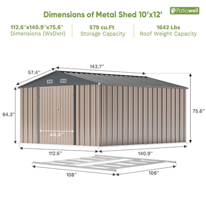 Patiowell 10 x 12 FT Metal Storage Shed for Outdoor with Floor Frame, Steel Yard Shed with Design of Lockable Doors, Utility and Tool Storage for Garden, Backyard, Patio, Outside use,Brown