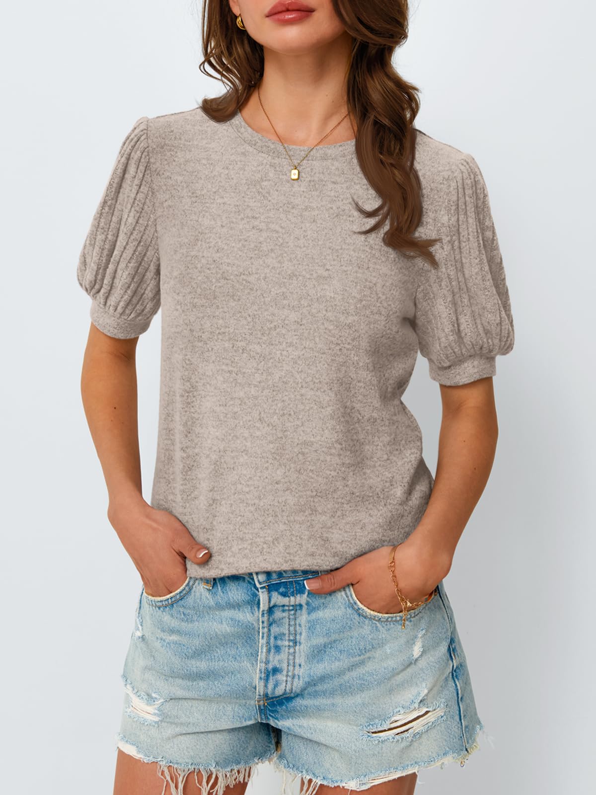 AUTOMET Womens Summer Tops Dressy Casual Blouses Business Short Sleeve Shirt 2025 Cute Trendy Sweater Khaki M