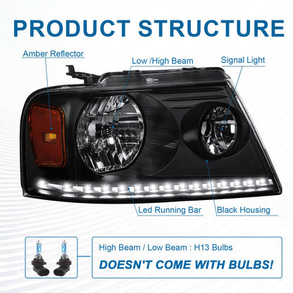 Fullux Headlights for 2004-2008 Ford F150 / 2006-2008 Lincoln Mark LT Pair Front Lights w/LED Running LIghts Replacement Headlamps Black Housing Amber Reflector