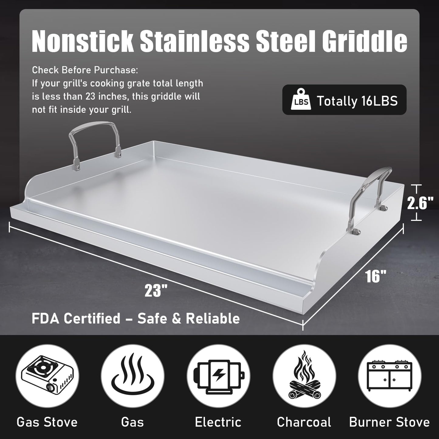 Universal Stainless Steel Cooking Griddle, Nonstick Flat Top Plate Insert for Gas Top Stove and Charcoal Grills, Tailgating, Camping and Parties, 23" x 16" Plancha Para Cocinar