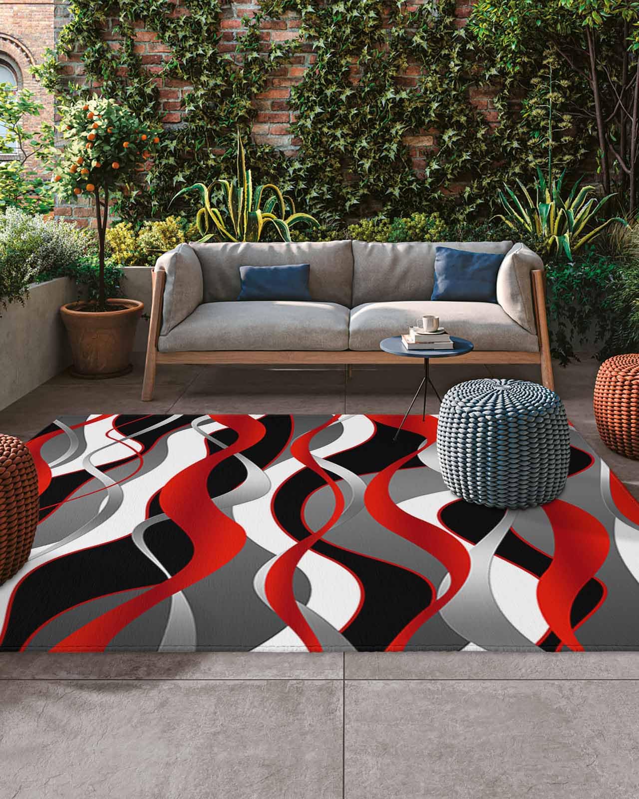 Outdoor Patio Rugs Red Black Lines Outdoor Area Rug Modern Abstract Stripes Non-Slip Backyard/Camping RV Rug/Deck/Porch Rug Front Door Floor Mat Carpet, 4x6ft