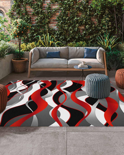 Outdoor Patio Rugs Red Black Lines Outdoor Area Rug Modern Abstract Stripes Non-Slip Backyard/Camping RV Rug/Deck/Porch Rug Front Door Floor Mat Carpet, 4x6ft