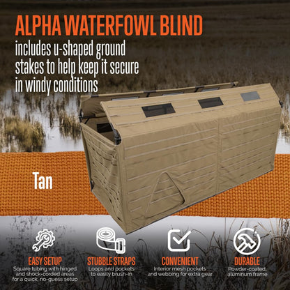 ALPS OutdoorZ Alpha Waterfowl Blind - Durable Hunting Blind in Tan, with Push Open Shooting Doors, Full-Length Side Access, Removable Gun Rests, Mesh Pockets, and Dog Doors