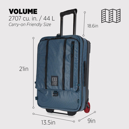 Topo Designs Global Travel Roller Bag Suitcase, 44L Carry-On, 3 Handles, Smooth Heavy Duty Wheels, Telescoping Handle, Durable + Rugged, WRAP Certified, PFAS Free (Apex Pond Blue)