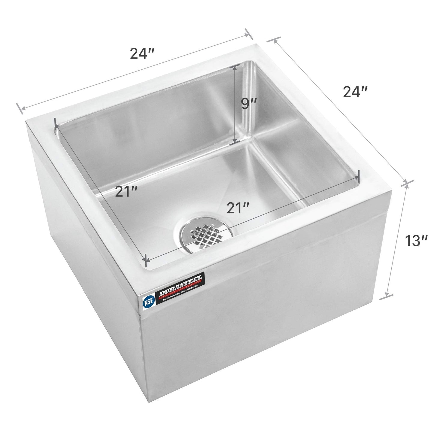 DuraSteel 24x24x13 Commercial Floor Mop Sink - NSF Certified 304 Stainless Steel Utility Room Service Basin with Leak Proof Flat Drain - Large Tub for Dog Washing, Filling Water Bucket, Cleanup
