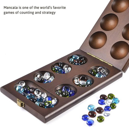 AMEROUS Wooden Mancala Board Game Set with 72+8 Bonus Multi Color Glass Stones - Folding Board - Mancala Instructions Classic Family Board Game for Kids Adults Tabletop Version