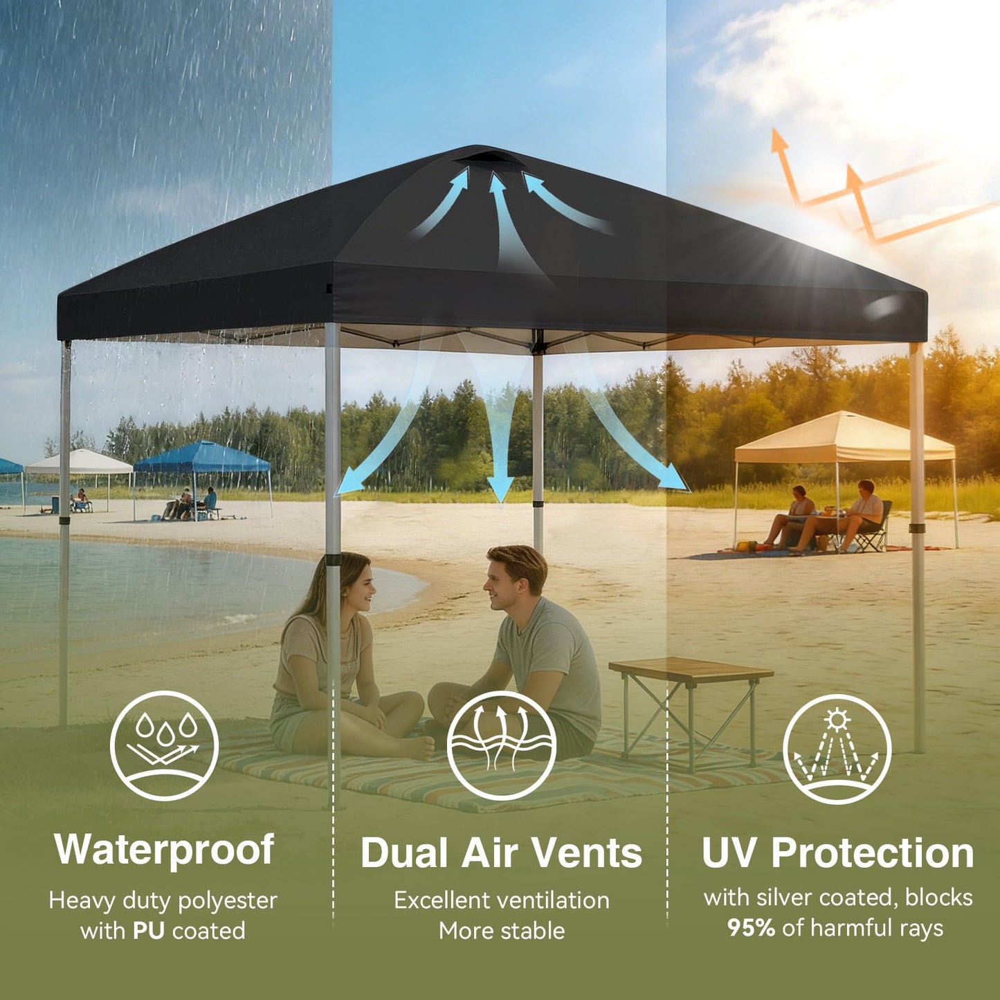 HYPER VENTURE 10x10ft Pop Up Canopy Tent with One Push Setup, Portable Outdoor Event Shelter with Rolling Carry Bag for Camping, Beach, Market, Patio (Black)