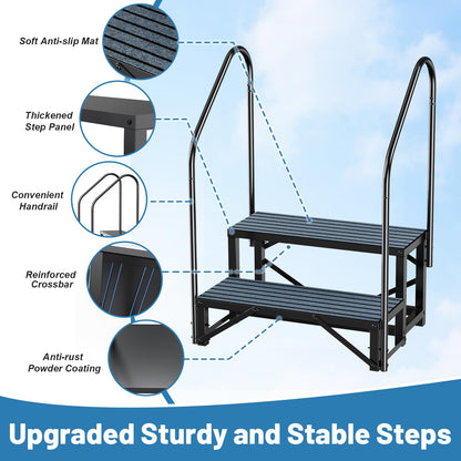 Rv Steps with Handrail 2 Step, Hot Tub Steps with Anti-Slip Mats, Heavy Duty Metal Mobile Home Stairs, Camper Steps for Travel Trailer,Portable Step Ladder for Spa, Pool and Porch